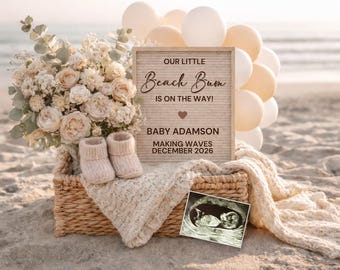 May include: A beach-themed pregnancy announcement with a sign that reads "Our Little Beach Bum is on the Way!" with the name "Baby Adamson" and the date "December 2026." The scene includes a basket, flowers, baby booties, balloons, and an ultrasound image.