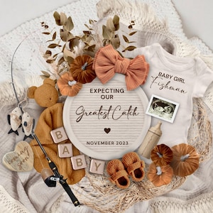Thanksgiving Pregnancy Announcement, Fall Our Greatest catch Pregnancy Announcement Digital, Baby Girl Reveal, O-Fish-Ally Pregnancy Reveal