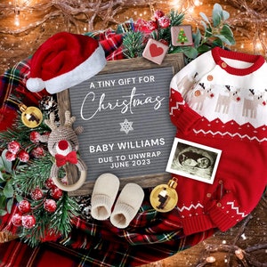 Christmas Pregnancy Announcement Digital, Editable  Holiday Baby Announcement, Rustic Xmas Baby Pregnancy, Tiny Gift for Christmas Flat Lay