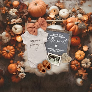 Girl Pregnancy Announcement Digital, Fall It&#39;s a Girl Baby Reveal, Fall Pumpkin Pregnancy Reveal, Been Keeping a Secret, Baby Flat Lay