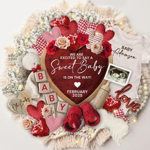 Faire-part de grossesse numérique pour la Saint-Valentin, modèle de faire-part de grossesse sur les réseaux sociaux, faire-part de grossesse pour la Saint-Valentin, doux bébé
