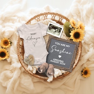 Zonnebloem zwangerschap aankondiging digitaal, bewerkbaar You are my Sunshine Baby Reveal, digitale zwangerschap sociale media sjabloon, genderneutraal