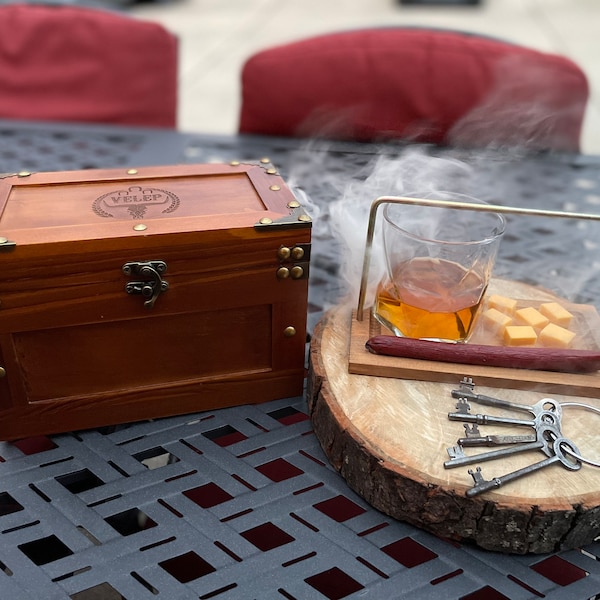 Cocktail Smoker Box Smoking Gun Wood Smoke Infuser indoor Smoker Wooden Box 9”x 5” x 6” with Smoke Infuser 4.7” x 2.4” x 1.4” Portable