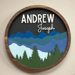 Custom Mountain Name Sign for Nursery or Kids Room, Nursery Name Sign, Woodland Theme Sign, 3D Round Wood Decor, Rustic Wildlife Theme Sign