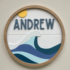 Coastal Nursery Name Sign, Nautical Theme Decor, Beach Theme Round for Baby and Kids, Personalized Wood Name Sign, Wave Theme Wall Decor