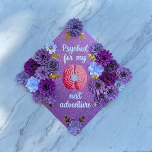 Psychology Grad Cap, Purple Graduation Cap Design for Psych major, Brain Grad Cap, Mental Health, Therapist Grad Cap Ideas, Flower Grad Cap