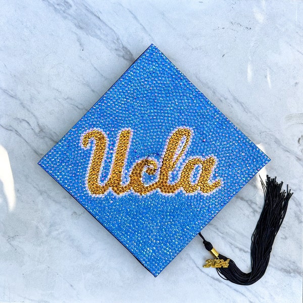 Custom Rhinestone Logo Graduation Cap Topper - College, High School Graduation Bedazzled Cap Decoration, UCLA Grad Cap