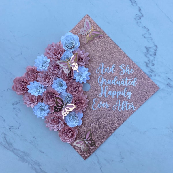 Graduation Cap Topper Rose Gold, Custom Pink Grad Cap, Graduation Cap Design, Graduation Cap Topper with 3D Flowers and Butterflies