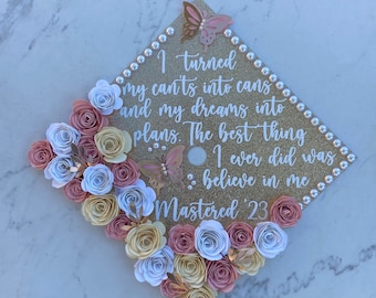 Gold Graduation Cap Topper, Custom Grad Cap, Graduation Cap Design, Graduation Cap Topper with 3D Flowers and Butterflies and Pearls