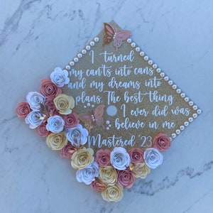 Gold Graduation Cap Topper, Custom Grad Cap, Graduation Cap Design, Graduation Cap Topper with 3D Flowers and Butterflies and Pearls