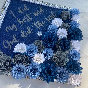 Blue Graduation Cap Topper, Custom Grad Cap, Graduation Cap Design, Graduation Cap Topper with 3D Flowers and Butterflies and Pearls image 2