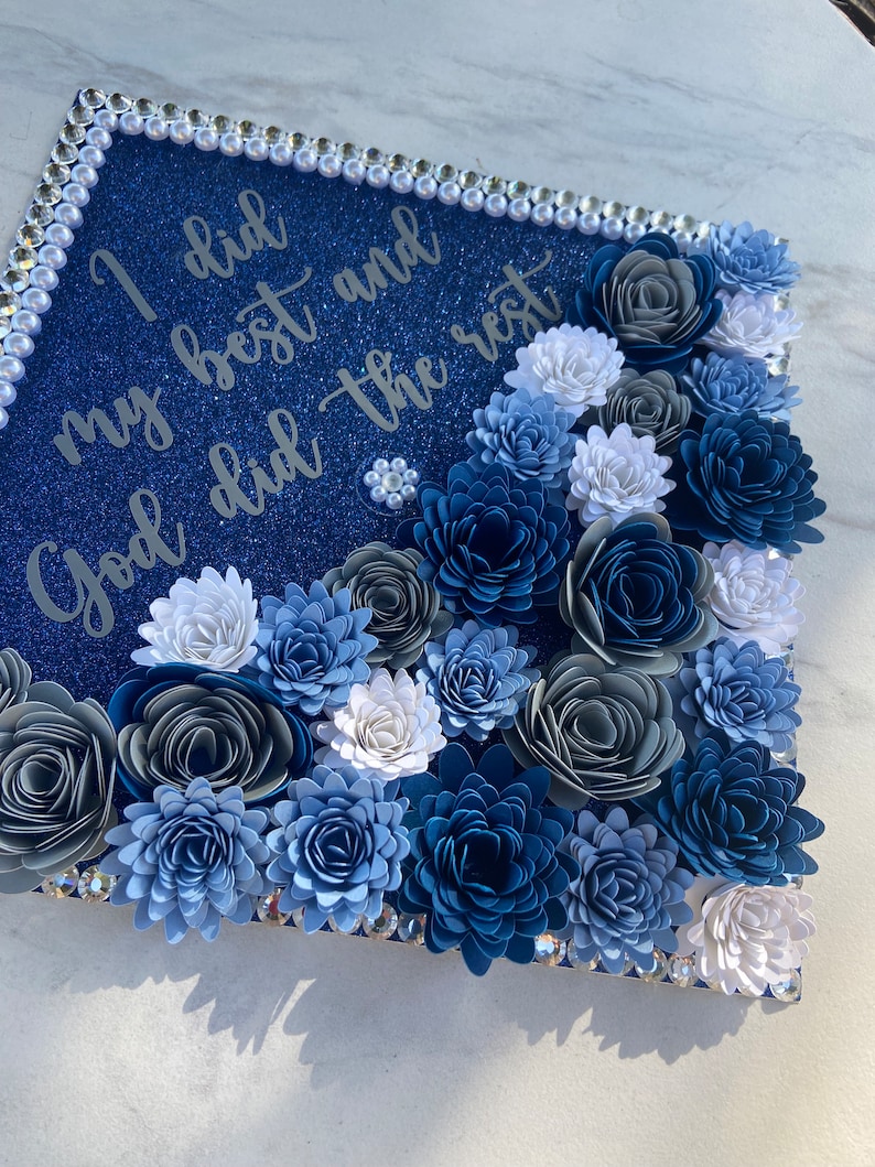 Blue Graduation Cap Topper, Custom Grad Cap, Graduation Cap Design, Graduation Cap Topper with 3D Flowers and Butterflies and Pearls image 2