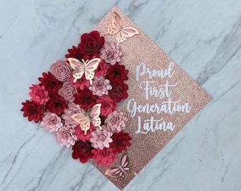 Graduation Cap Topper, Custom Grad Cap, Graduation Cap Design, Graduation Cap Topper with 3D Flowers and Butterflies, Pink Grad Cap Topper