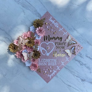 Pink Gold Graduation Cap Topper, Custom Grad Cap, Nurse Grad Cap, Graduation Cap Topper with 3D Flowers and Butterflies and Pearls