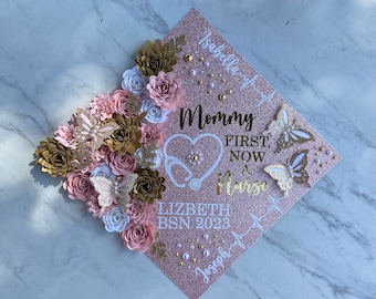 Pink Gold Graduation Cap Topper, Custom Grad Cap, Nurse Grad Cap, Graduation Cap Topper with 3D Flowers and Butterflies and Pearls