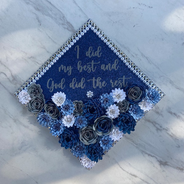 Blue Graduation Cap Topper, Custom Grad Cap, Graduation Cap Design, Graduation Cap Topper with 3D Flowers and Butterflies and Pearls