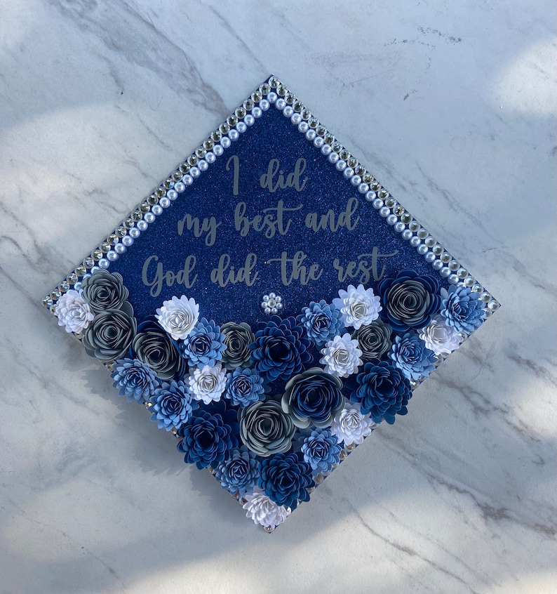 Blue Graduation Cap Topper, Custom Grad Cap, Graduation Cap Design, Graduation Cap Topper with 3D Flowers and Butterflies and Pearls image 1