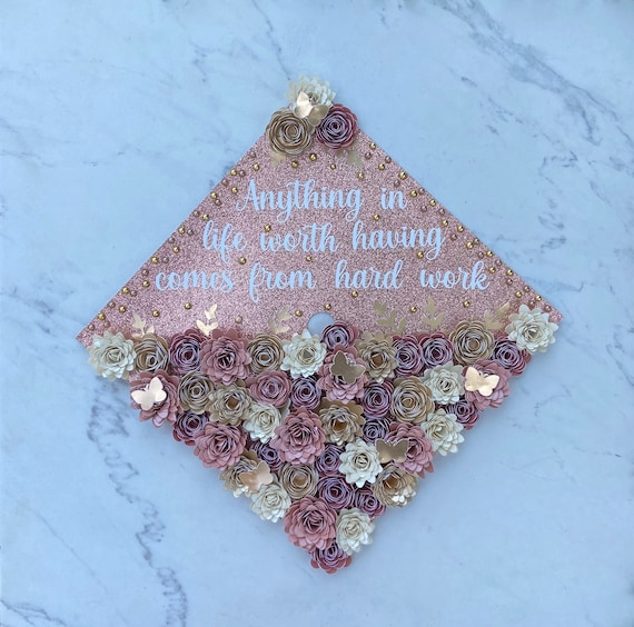 Rose Gold Graduation Cap, Pink Grad Cap Topper, Graduation Cap Design,  Graduation Cap Topper with 3D Flowers and Butterflies, Floral Grad