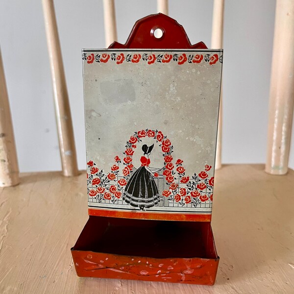 Vintage Match Safe, Matchstick Holder, Lady Rose Garden, Red Black Floral, Kitchen Wall Decor, Hanging Metal Box