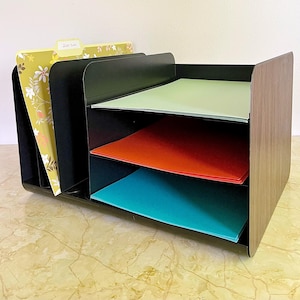 Organizador de oficina vintage, archivador de escritorio, metal de acero Globe-Weis, imitación madera negra, sistema de archivos escalonado, bandejas de entrada y salida