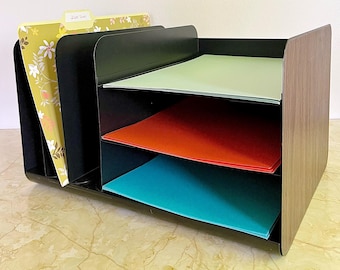 Vintage Vertical Horizontal File Organizer, In Out Desk Trays, Globe-Weis Metal, Black Faux Bois