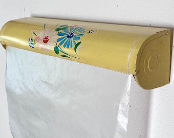 Vintage Ransburg Yellow Wall Dispenser: Wax Paper / Plastic Wrap Holder, Metal Floral Toleware