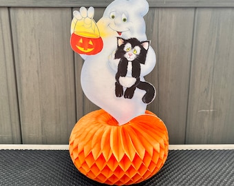 Vintage Halloween Diecut Ghost Centerpiece, Honeycomb Pumpkin, Cute Black Cat & Jack ’o lantern