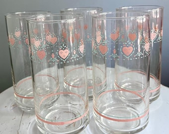 Vintage Corelle Forever Yours Tumbler Set: Five 15 / 16 oz. Footed Coolers, Pink Stripe Hearts