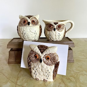 Vintage Owl Serveware, Sugar & Creamer, Napkin Holder, Kitschy Japan Ceramic, Enesco Molds, 1980s Albert Kessler