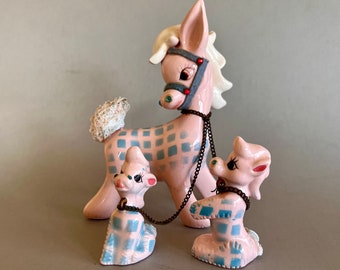 Vintage Chained Figurines, Pink Blue Rhinestones, Donkey Pony Family, Mama Two Babies, Kitschy Spaghetti Trim