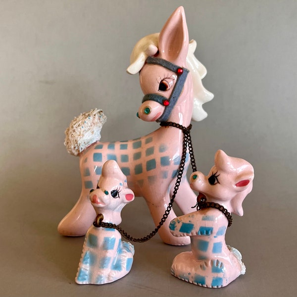 Vintage Chained Figurines, Pink Blue Rhinestones, Donkey Pony Family, Mama Two Babies, Kitschy Spaghetti Trim