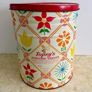 Vintage Popcorn Tin, Large Topsy’s Treats, Flower Power Container, Metal Food Advertising, Mod Orange Red, Yellow Tulips, Pantry Pet Food