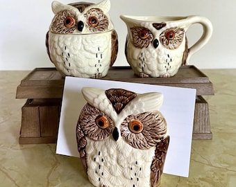 Vintage Enesco Owl Serving Set: Sugar & Creamer, Napkin Holder, 1970s Kitschy Japan Ceramic