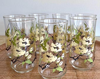 Vintage Libbey Floral Cooler Glasses: Set of 7 Bolero Shape Tumblers, Pale Yellow Blossoms