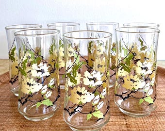 Vintage Libbey Floral Ice Tea Glasses: Set of 7 Bolero Shape Tumblers, Pale Yellow Blossoms