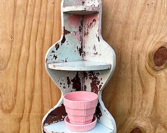Vintage 3-Tier Wood Corner Shelf, Chippy Blue Pink Paint, Rustic Farm House, Shabby Cottage