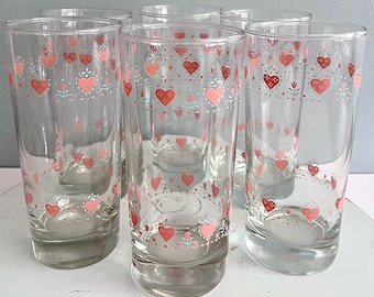 Vintage Corelle Forever Yours 14 oz. Tumbler Set: Six Heavy Bottom Coolers, 2 Bands Pink Hearts