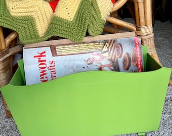 Vintage Avocado Green Magazine Rack, 1970s Plastic Standing Floor Bin, Knitting Basket Planter