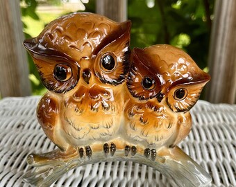 Vintage Norcrest Owls Figurines, Glossy Brown Ceramic, Mid Century Japan