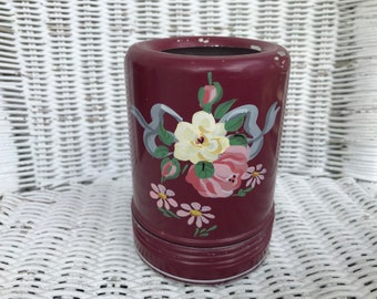 Vintage Ransburg Burgundy Toleware: Handpainted Floral Metal, Kitchen Laundry Cleanser Dispenser