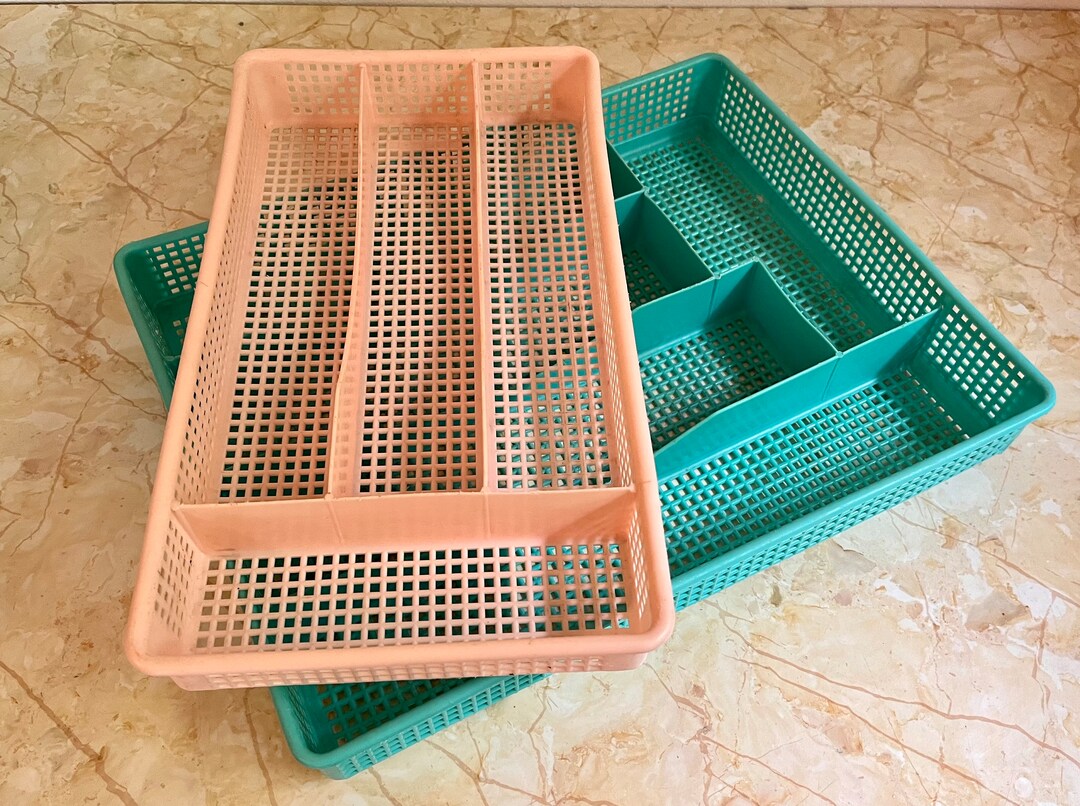 Vintage Silverware Tray, Aqua Turquoise Mesh, Flatware Storage, Plastic