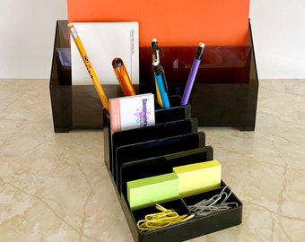 Vintage Smoke Plastic Desk Organizer CHOICE: Mail Bill Sorter, OR Office Supply Caddy, Pen Pencil Holder