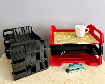 Vintage Tiered Plastic File Organizer: CHOICE Stacked Paper Tray Set, Red & Black OR All Black