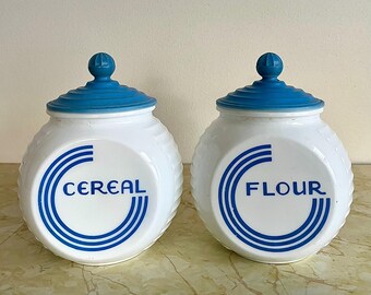 Vintage Anchor Hocking Blue Circle Flour Canister: White Vitrock Glass Jar with Repaired Lid