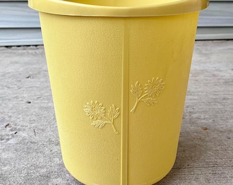 Vintage Yellow Plastic Wastebasket, Raised Flowers, Small Trash Can, Bathroom Garbage Bin, Office Recycling