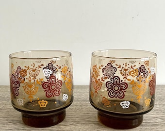 Vintage Corelle Butterfly Gold Tumblers: Pair Old Fashioned Glasses, Libbey Tawny Accent Smoke
