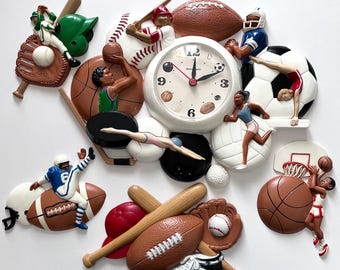 1990s Burwood Sports Wall Clock & Plaques, Kids Room Decor, Battery Operated