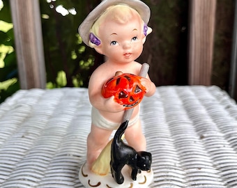 Vintage Halloween NapcoWare Baby Witch in Diaper Figurine, Black Cat Jackolantern, Mid Century Japan Ceramic