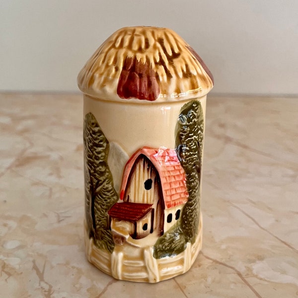 Vintage Ceramic Shaker, Silo Thatched Roof, Single Salt Pepper, Kitschy Farm Kitchen, Embossed Barn Fence, Marks Rosenfeld Japan