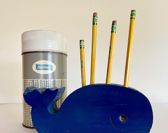 Vintage Blue Whale Pencil Holder: Handpainted Wood Pen Brush Caddy, Novelty Desk Accessory